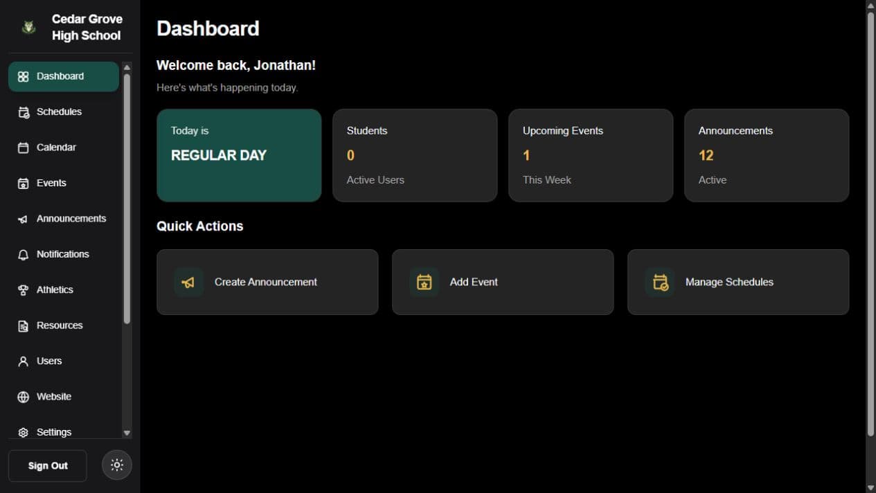 Cedar Grove High School administration dashboard with school navigation, daily overview, and quick actions.