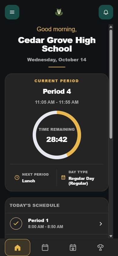 Cedar Grove High School app showing its owl logo, current period, and bell schedule.
