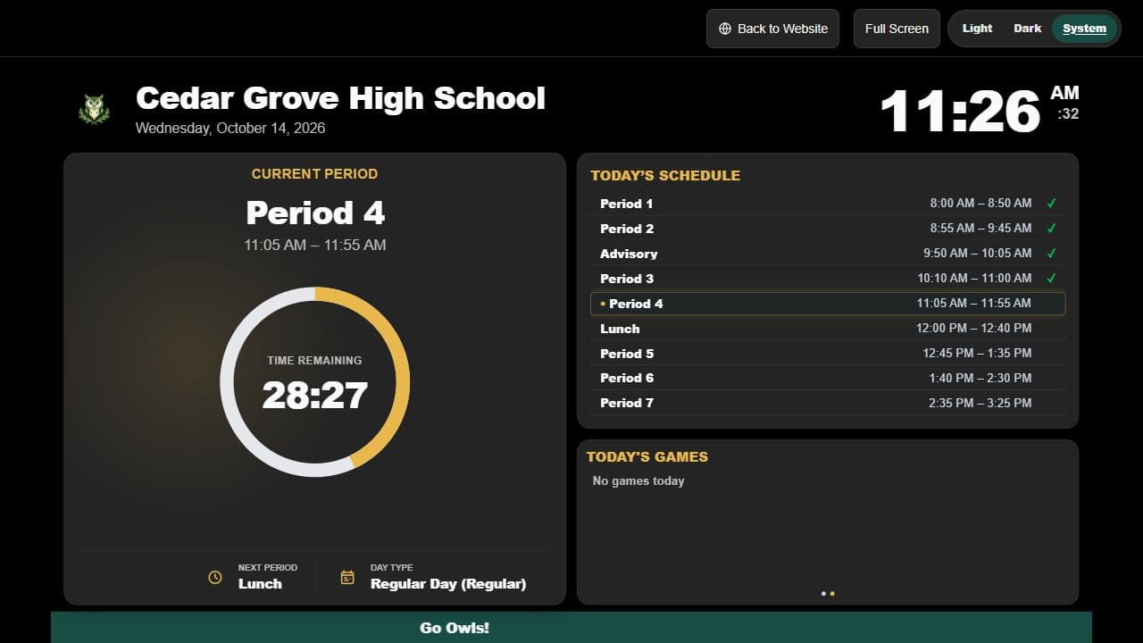 Cedar Grove High School kiosk showing the current period countdown, full bell schedule, and games panel.