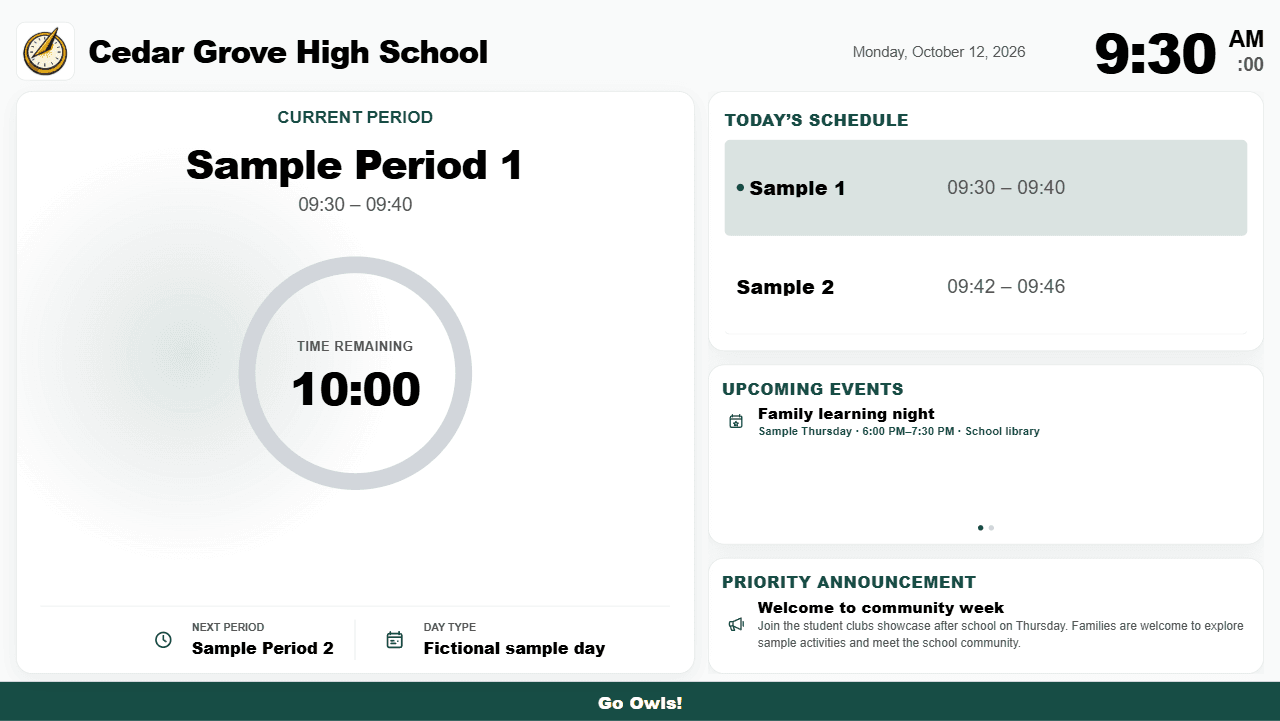 Cedar Grove High School kiosk showing the bell schedule and Family Learning Night.