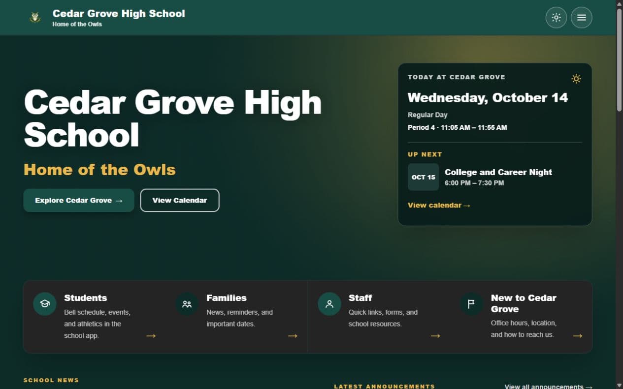 Cedar Grove High School fictional demonstration website.